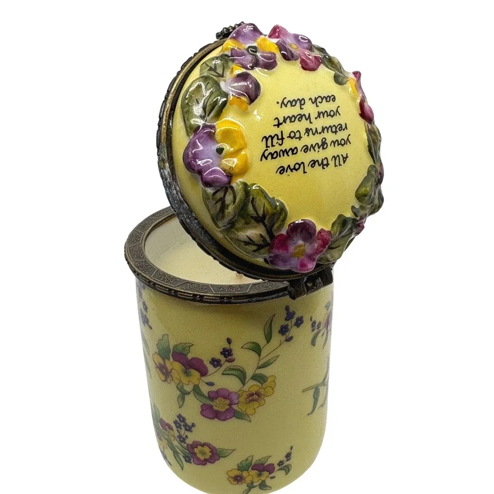 Bombay Co Yellow Floral Porcelain Hinged Lid Trinket Box Candle Quote BFF Love